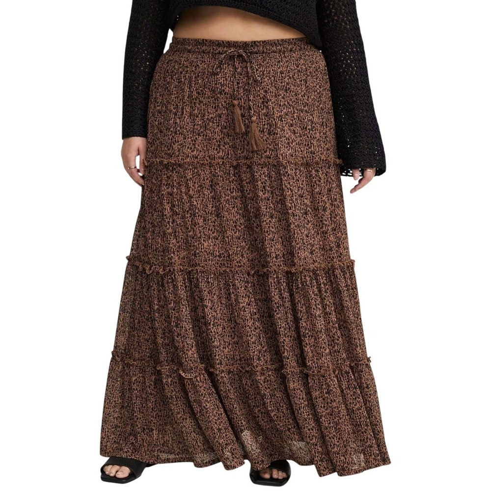 Torrid Maxi Knit Gauze Tiered Skirt Women 00 MEDIUM Brown Inked Texture Boho